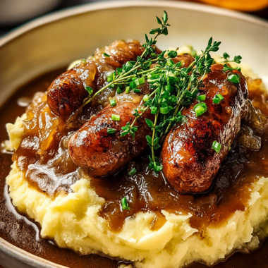 Bangers and Mash With Stout Onion Gravy
