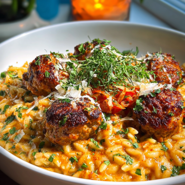 Creamy Garlic Meatball Orzo (easy One
